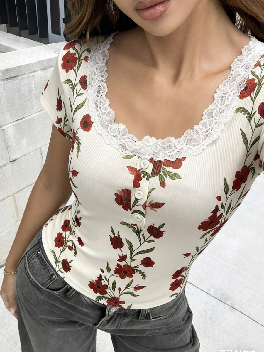 Pariaura Áo nữ ngắn tay ôm dáng, cài cúc phía trước, viền ren, size S, thích hợp cho mùa hè, mùa xuân, ý tưởng phối đồ cho nữ, áo nữ mùa hè, áo ngắn tay dễ thương, áo nữ thường ngày, áo nữ thanh lịch cho mùa hè - Màu be - Xem 1