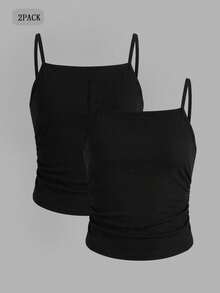 SHEIN 少女简约舒适褶皱吊带背心两件套，修身款，细肩带黑色上衣，适合外出、度假、节日穿着，时尚少女，休闲装，新款，返校季，休闲装，开学季，少女风 - 黑色 - 查看 5