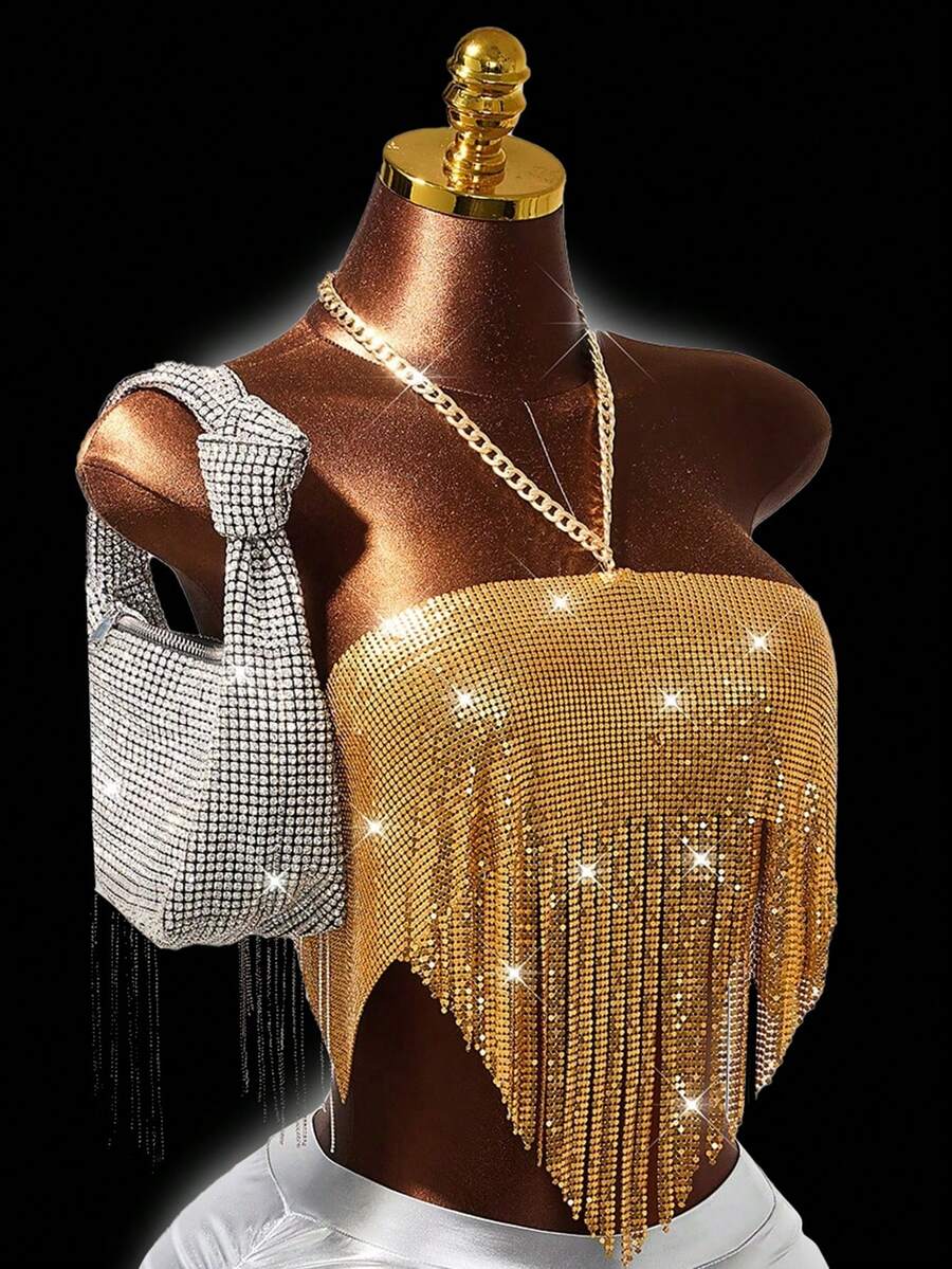 Mistrie 女士音乐节吊带背心，女士金属金色亮面吊带背心，女士流苏性感音乐节吊带背心 - 金色 - 查看 1