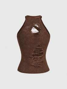 ROMWE Grunge Punk Women's Sexy Fitted Ripped Halter Neck Knit Tank Top, Summer - Brown - View 2