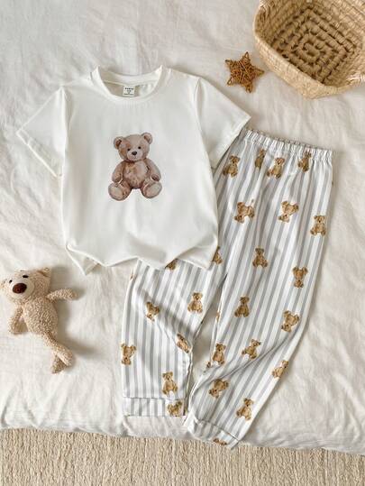 男童可爱小熊印花灰白条纹短袖上衣和裤子两件套睡衣，优雅舒适