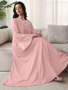 Yasmyna Women's Floral Applique Casual Modest Elegant Robe Wedding Pink Floral Autumn - Watermelon Pink - View 7