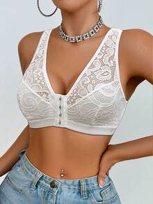 1pc Lace Patchwork Front Closure Wireless Bra For Women - White - View 5