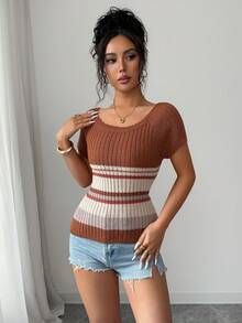 Elenzga 女士春夏新款U领修身常规半袖经典条纹针织时尚百搭休闲套头衫 - 彩色 - 查看 3