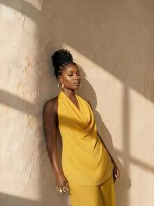 BamGleam Áo kiểu nữ màu vàng cổ xếp ly thiết kế mới, thích hợp cho mùa xuân, ngày lễ tình nhân, năm mới, phong cách nhiệt đới năng động, phù hợp cho du lịch, mặc hàng ngày, đi học, dự tiệc và tụ họp. - Màu vàng - View 4