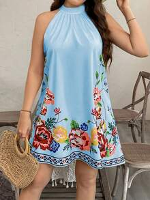 SHEIN Clasi Đầm casual cổ yếm in hoa dành cho nữ cỡ lớn, thích hợp cho kỳ nghỉ. - Màu xanh nhạt - Xem 5