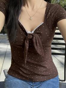 DAZY Women's Summer Loose Lace Patchwork Polka Dot Slim Fit Casual Short Sleeve T-Shirt Cute Tops - Brown - View 1