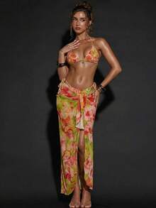 SHEIN BAE Women's Summer Vacation Tropical Floral Print Tie Front Skirt Cover Ups For Swimwear Beach - Multicolor - View 1