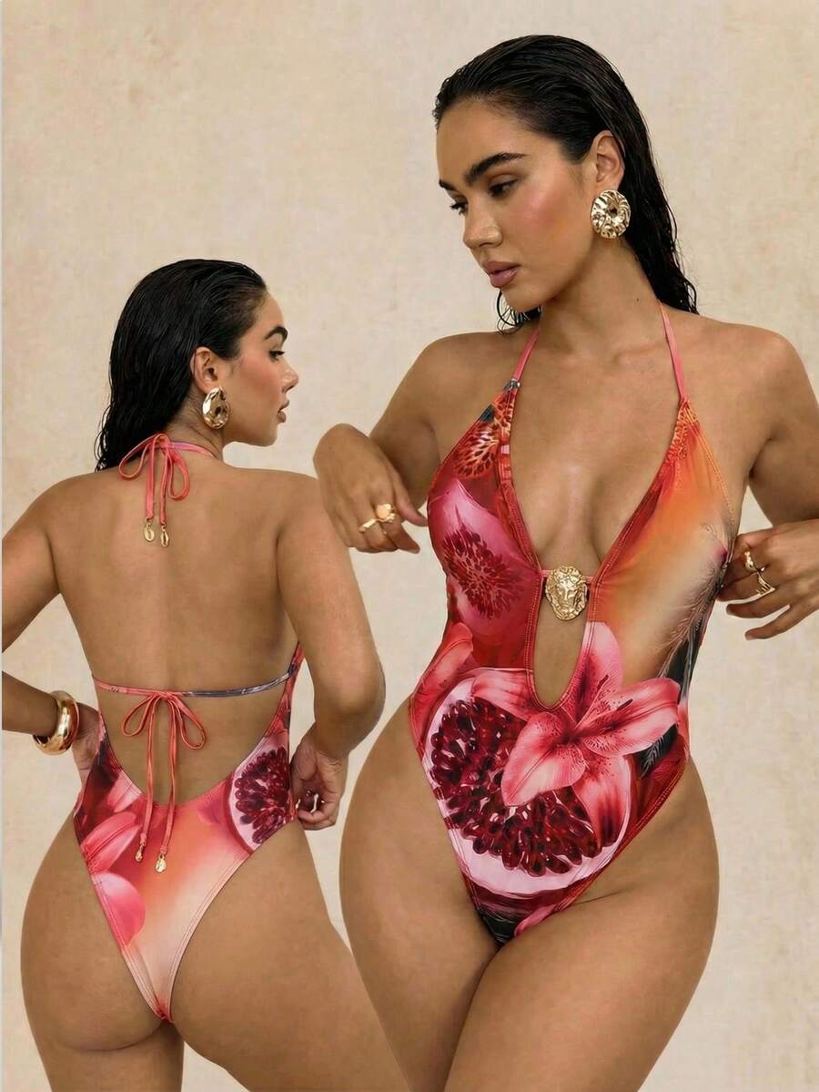 Swim Glamine Traje de baño de una pieza con estampado floral y cuello halter para mujeres, traje de baño de una pieza, traje de baño de mujer, atuendo de playa para mujer, traje de baño de verano para mujer, traje de baño de una pieza para mujer, atuendo de playa para mujer - Multicolor - Ver 1