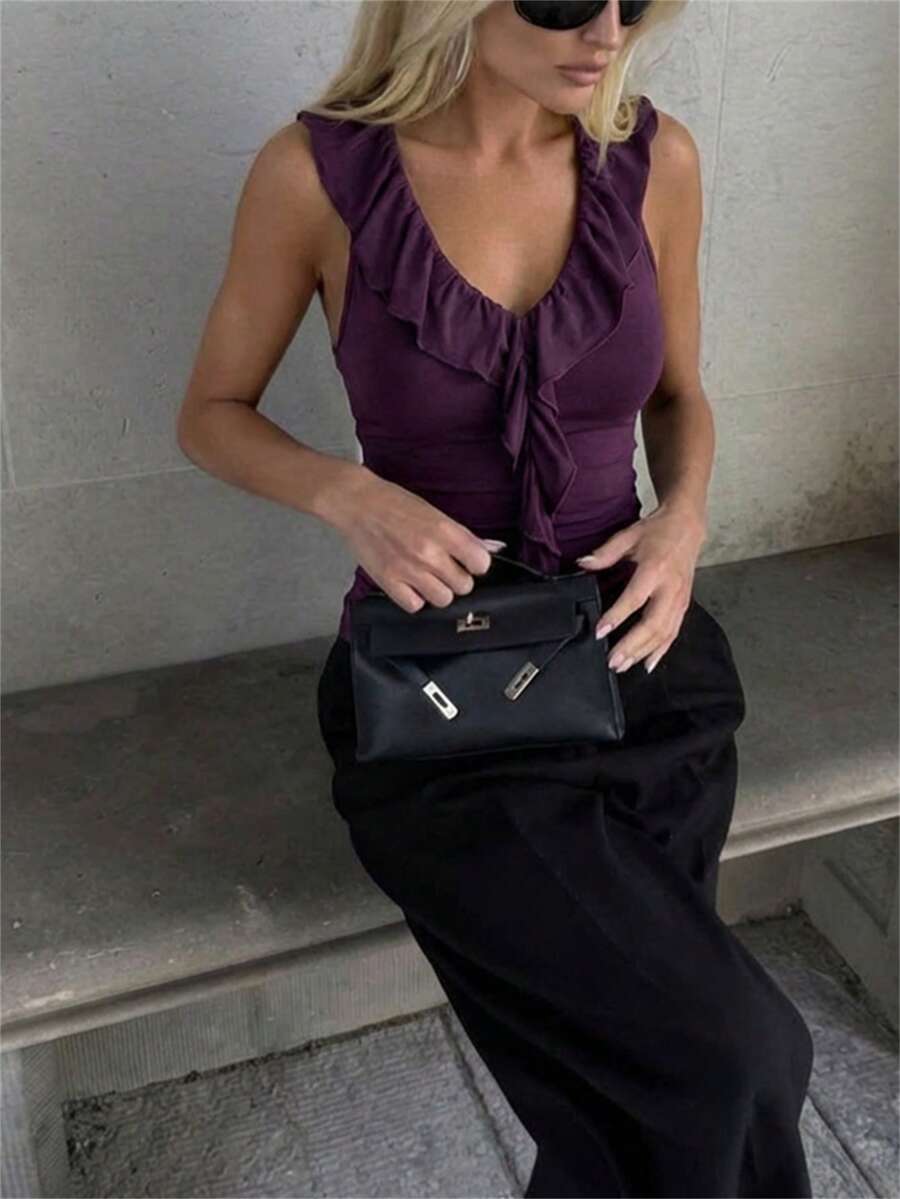 Aloruh 女士优雅性感V领多层荷叶边纯色修身露背吊带衫