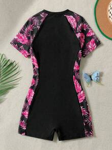 少女树叶印花拉链半开襟连体泳衣，适合海滩度假、泳池派对、沙滩派对 - 彩色 - 查看 3