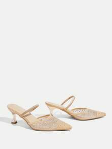 CUCCOO TILAWA Giày nữ, giày thời trang nữ, giày mũi nhọn đính đá, giày màu sâm panh phối lưới, giày dự tiệc, giày tối, giày cao gót gợi cảm, giày đế thấp, giày bít mũi. - Rượu sâm banh - Xem 4