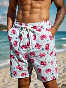 Manfinity Swimmode 男士时尚条纹螃蟹印花沙滩短裤 - 黑色 - 查看 3