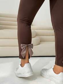 Plus Size Women Casual Commuter Minimalist Solid Color High Waist Bow Decor Slit Hem Skinny Ankle Pants - Chocolate Brown - View 2