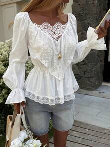 DAZY Cotton Lace Patchwork Waist Vacation Shirt, Suitable For Beach Party, Holiday, Easter, Spring & Summer - White - View 6