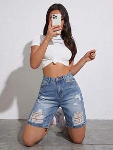 Rivivi Fashionable Casual Distressed Washed Denim Shorts - Medium Wash - View 3
