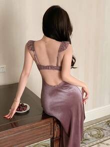 Lace Patchwork Sleeveless Backless Nightgown For Women - Dusty Purple - View 4