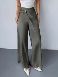 Firerie 女士优雅休闲都市通勤办公装，白色缎面中腰裹身裙裤，金属扣饰，宽松阔腿裤，教师装，机场装，新款春夏秋冬女士裤装，约会，度假，休闲，时尚百搭 - 灰色 - 查看 4