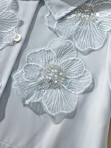 SHEIN 1件少女时尚3D立体花卉设计甜美修身泡泡袖连衣裙，夏季 - 藍色 - 查看 6