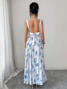 Selianne Đầm nữ mùa hè mới, đầm xòe cổ vuông, hở lưng, thắt nơ, dáng chữ A in hoa màu xanh nhạt, đầm hè nữ, đầm đi biển, trang phục đi biển nữ, đầm nữ thanh lịch, đầm xanh trắng, trang phục dự tiệc cưới cho nữ. - Màu xanh lam - Xem 3