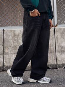 EVRINFINITE 男士休闲多口袋简约设计宽松牛仔裤 - 黑色 - 查看 4