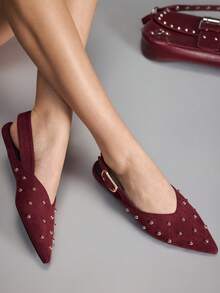 CUCCOO GRLICON Women's Pointed Toe Suede Rivet Flat Shoes, Suitable For Y2K, Punk, Fashion Girls, Office Commute, Vacation Season, Spring/Summer, Y2K 2000's Style - Burgundy - View 5