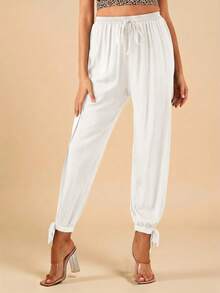 Travachic Quần ống rộng xẻ đùi, gấu quần thắt nút, màu trơn, thích hợp cho mùa xuân hè. - trắng - Xem 3
