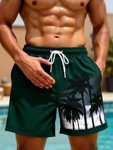 Manfinity Swimmode Men's Drawstring Waist Palm Tree Print Casual Beach Shorts Holiday / Vacation / Beach / Hawaii / Tropical / Swim /  Bathing - Dark Green - View 5
