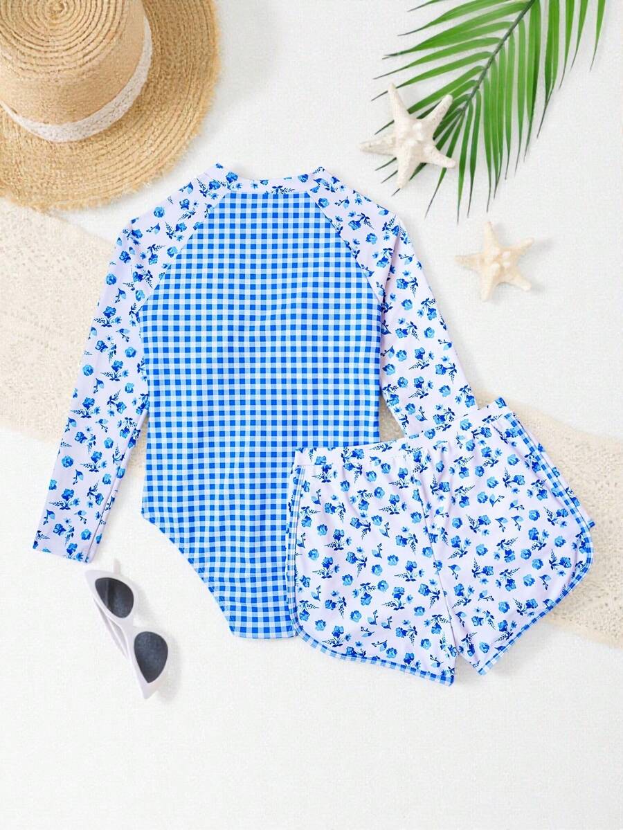 SHEIN 新款时尚少女印花拼接泳装套装,少女长袖泳衣,少女泳装,少女保守泳装,少女防晒泳衣,青少年泳装,少女全包臀泳装,少女防晒泳衣,少女沙滩装 - 藍色 - 查看 1