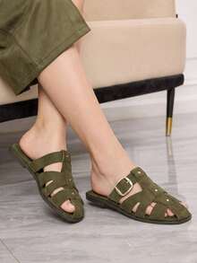 Sleekvia Women's Comfortable Flat Non-Slip Metal Outdoor Flip Flops Summer - Dark Green - View 4