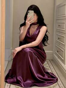 DAZY Elegant Satin Sleeveless Long Nightgown With Scarf Decor, Summer - Purple - View 8