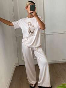 DAZY Bộ đồ ngủ nữ họa tiết chấm bi và mèo, thích hợp cho mùa hè. - Màu be - Xem 4