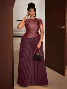 Maweii Plus Size Women Elegant Solid Color Pleated Round Neck Sleeveless Dress - Champagne - View 3