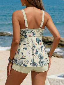 Swim Lushoire 女士印花撞色吊带泳衣套装（上衣和下装），胸部褶皱设计 - 米色 - 查看 2