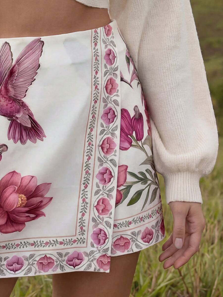 CAJUNI Chân váy thời trang mùa hè phong cách Bohemian in họa tiết nhiệt đới màu trắng - Màu be - Xem 1