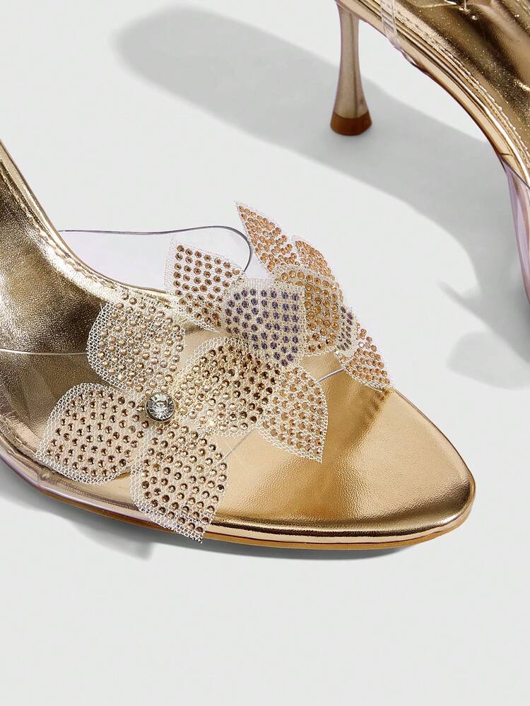 CUCCOO SZL Women Shoes Summer Pointed Stiletto Champagne Ankle With Rhinestone Standing Flowers Stylish Sexy Banquet Party Nightclub Women High Heels Open-Toed Sandals