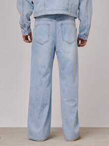 Musero Pantalones vaqueros rectos de pierna ancha lavados con pliegues, cierre con botones, detalles de presillas para cinturón, solo pantalones vaqueros, esenciales de primavera y verano para vacaciones y playa - Lavado ligero - Ver 4