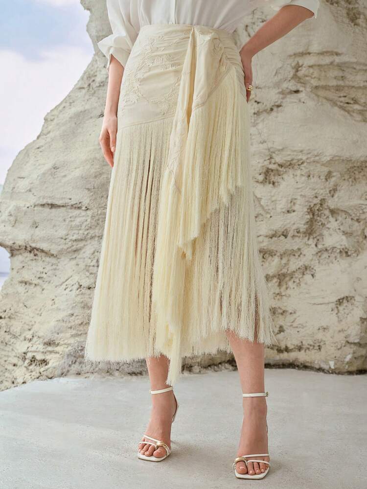 WOMEN'S LINEN EMBROIDERED TASSEL HEM RUCHED WAIST SKIRT