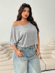 Solflare Áo thun nữ cỡ lớn tay cánh dơi dáng rộng màu xám thường ngày - Màu Xám nhạt - Xem 3