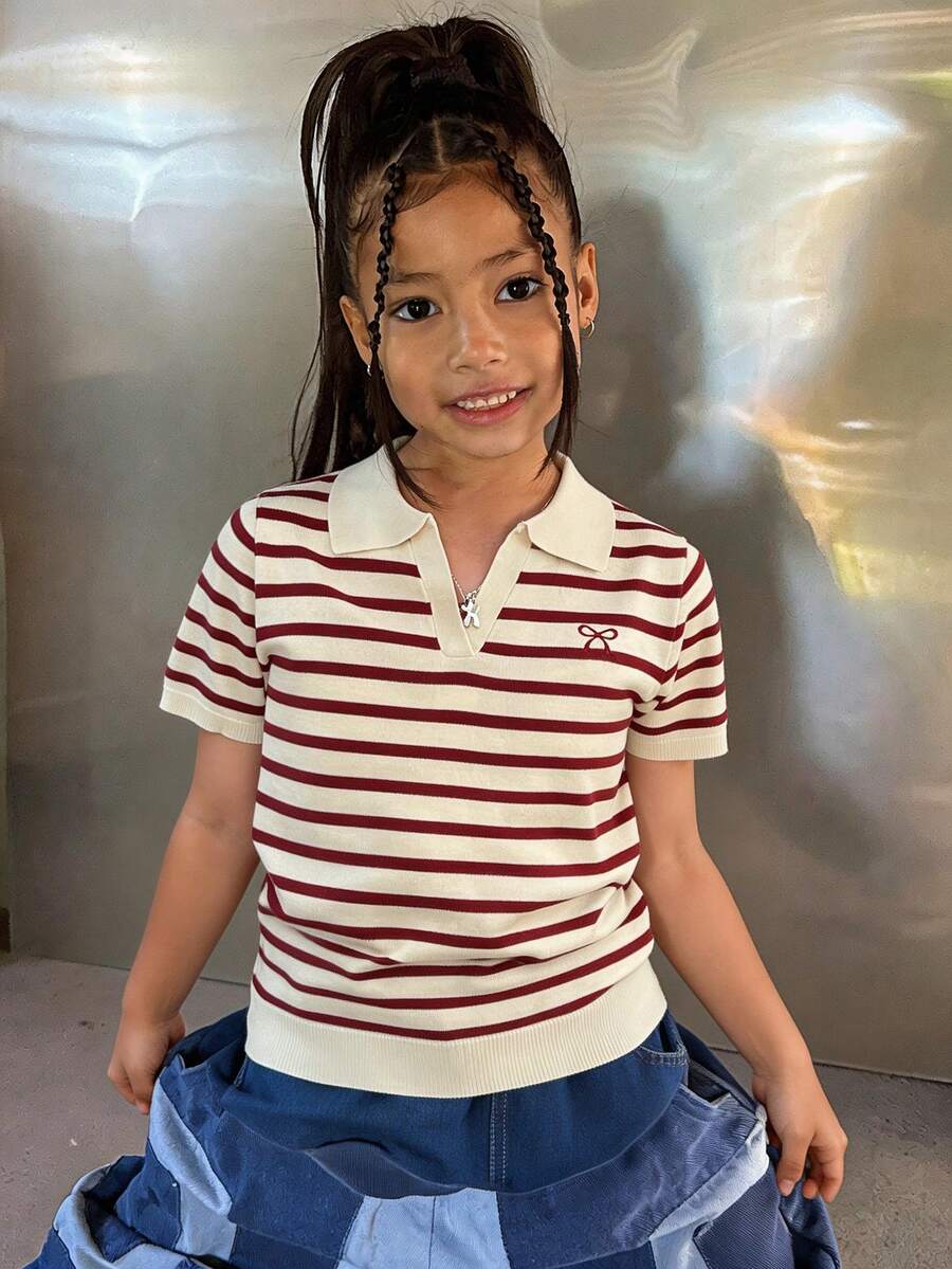 Dazy Kids Tween Girl Casual Loose Striped Short Sleeve Pullover Sweater, Summer, Back To School - Red - View 1