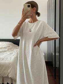 DAZY Loose Fit Homewear Dress With Patterned Decorative Dropped Shoulders Pajama, Moo Moo Night Dress - Light Grey - View 4
