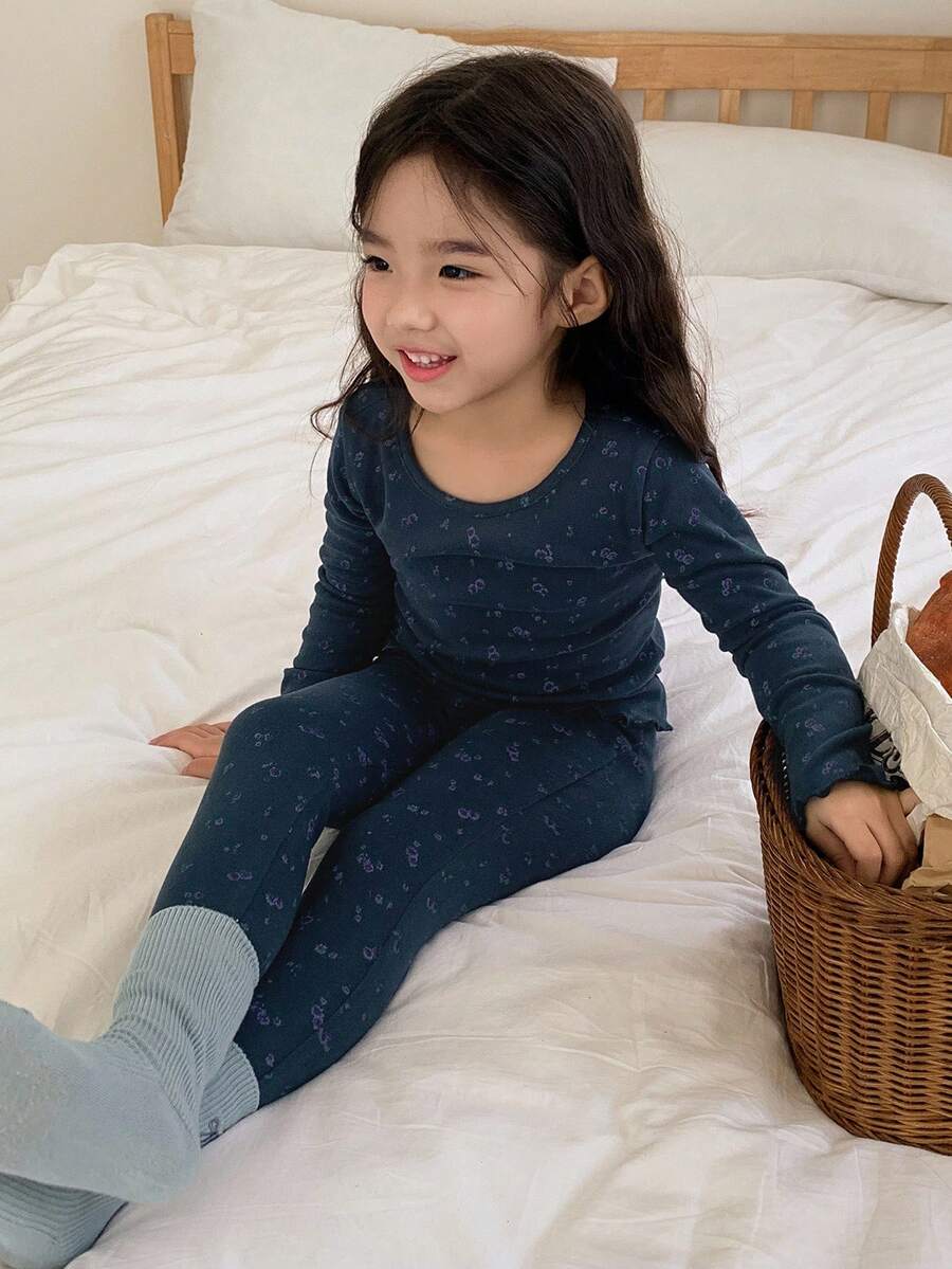 DAZY 2pcs Young Girl Girls Ditsy Floral Long Sleeve Knit Top And Pants Homewear Set, Fall - Navy Blue - View 1