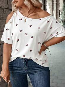 EMERY ROSE New Hot Selling Diagonal Shoulder Cherry Casual Women's T-Shirt - Multicolor - View 4