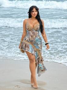 Rustia Robe moulante à imprimé léopard bleu avec franges et dentelle, tenue de vacances pour le printemps et l'été, grande taille - Bleu azur - Voir 4