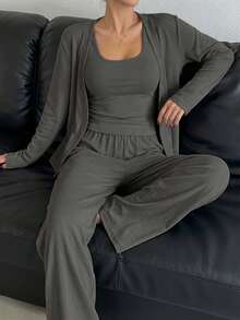 DAZY 3pcs Casual Knitted Ribbed Tank Top & Robe & Pants Loungewear Set, Fall Winter Clothes Pajama, Cozy Outfit - Grey - View 1