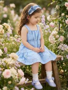 Elladie kids Young Girls Casual Fashion Blue Dress, Sky Blue Solid Woven Openwork Fabric, Sleeveless Strap Patchwork Waist Dress, Suitable For Young GirlCute Lady, Casual Fashion, Comfortable Wear, Suitable For Daily School, Outing, Vacation, Beach Photo, Party And Holiday Outfit, Powder Blue Dress For Kids, Girls Summer Dress, Girls Sleeveless Blue Dress, Kids Embroidered Dress, Sky Blue Dress For Girls.Summer Outfits.Elegant Party Dresses.Squishy Dress. - Blue - View 3