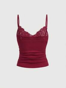 ROMWE J-Fashion Camiseta sexy de encaje y parches para mujer estilo Y2K Baddie - Burdeos - Ver 3