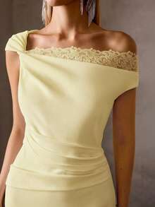 MOTF Soiréza Vestido formal elegante com contraste de renda, primavera/verão. - Amarelo - Ver 2
