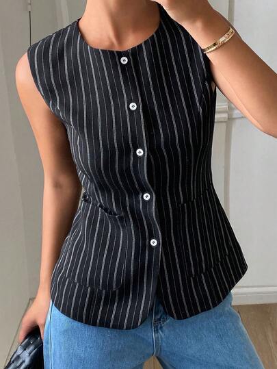 DAZY Striped Waist Cinched Sleeveless Round Neck Pocket Elegant Formal Summer Tank Top Vest Blouse For Women