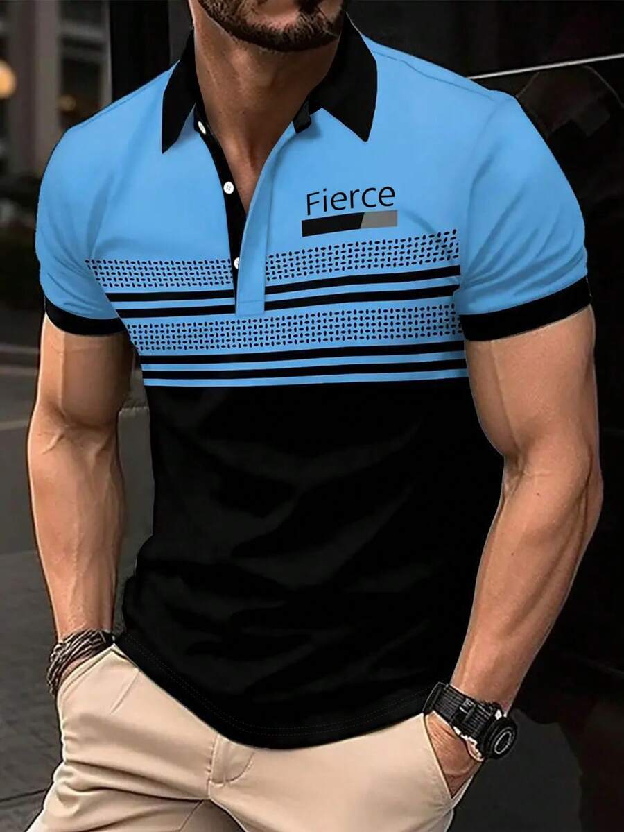 Manfinity Dauomo 男士字母条纹短袖休闲通勤 Polo 衫 - 彩色 - 查看 1